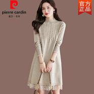 皮爾卡丹（pierre cardin）蕾絲針織連衣裙女春秋新款內搭顯瘦羊毛打底衫中長(cháng)款毛衣裙羊絨衫 杏色 M