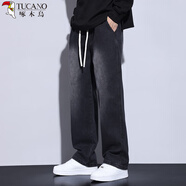啄木鳥(niǎo)（TUCANO）牛仔褲男夏季薄款美式復(fù)古垂感潮流寬松闊腿春秋休閑直筒男長(zhǎng)褲 黑灰色 【春秋常規(guī)】 M （建議體重105-130斤）