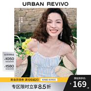 UR【鐘楚曦同款】2025夏季新款女裝波嬉風(fēng)蕾絲條連衣裙UYL750037 藍色條紋 XL