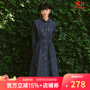 非魚(yú)文藝復(fù)古七分袖中長(zhǎng)款連衣裙春季新款收腰廓形感繡花女裙 深藍(lán) S