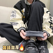 至唯美式高街白色直筒牛仔褲男春秋季新款休閑長(cháng)褲cleanfit闊腿褲子潮 DSA080-9291黑色加絨 L 【推薦114-134斤】
