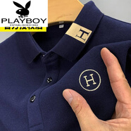 花花公子（PLAYBOY）夏季短袖男翻領(lǐng)寬松POLO.衫潮流刺繡休閑男裝半袖棉上衣 H短藏青 L 170