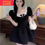 寶格妍高腰a字蕾絲泡泡袖黑色連衣裙女夏短款蝴蝶結(jié)甜辣法式千金公主風 黑色 (【蝴蝶結(jié)+拉鏈+肩墊） S 建議90斤以下