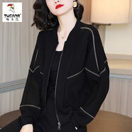 啄木鳥(niǎo)棒球服夾克短款外套女裝長(cháng)袖2025春秋裝新款休閑寬松時(shí)尚百搭上衣 黑色 2XL 【建議125~140斤左右】