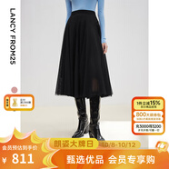 朗姿高腰通勤高級感中長裙子網(wǎng)紗裙直筒裙半身裙2025年秋季新款女 黑色 M