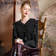 LAGOGO新中式盤(pán)扣國風(fēng)荷葉邊針織衫女春季新款黑色泡泡袖V領(lǐng)上衣 黑色(W1) S
