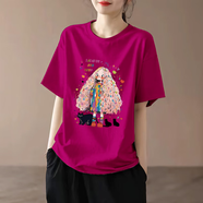 海之藤純棉大碼休閑t恤女百搭美式印花寬松減齡短袖ins潮寬松半袖上衣夏 玫紅色 M 建議100-120斤