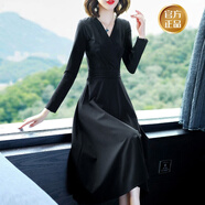 larren fittyV領(lǐng)連衣裙女長(zhǎng)袖春夏新款收腰顯瘦過(guò)膝a字裙中長(zhǎng)款赫本小黑裙 黑色【長(zhǎng)袖】 M