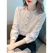 翎悅木耳領(lǐng)純棉長(cháng)袖襯衫女秋裝2025新款時(shí)尚減齡提花內搭打底衫上衣潮 白色 XL  建議115-124斤