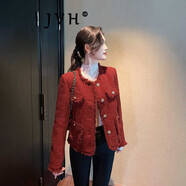 JVH香港潮牌紅色小香風羽絨服女 2024冬季新款粗花呢加厚內(nèi)膽短外套 紅色 M