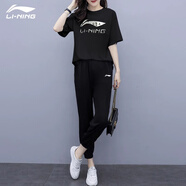 李寧運動(dòng)套裝女夏季薄款棉質(zhì)透氣跑步健身休閑寬松T恤短袖長(cháng)褲兩件套 黑色反光標短袖+黑色速干束腳褲 L/175 (130-145斤)