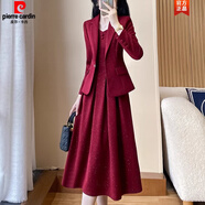 皮爾卡丹（pierre cardin）西裝外套女紅色加厚西服搭配裙子兩件套氣質(zhì)名媛感職業(yè)套裝裙針織 單件酒紅色長*袖外套 4XL