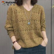 啄木鳥毛衣女洋氣春秋新款寬松套頭長(zhǎng)袖針織衫氣質(zhì)中年媽媽裝休閑打底衫 黃色 S 建議80-95斤