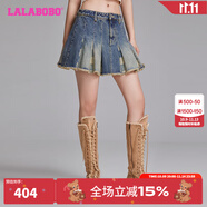 LALABOBO美式復古小丑毛邊純棉百褶半身裙女新款高腰a字裙LBDC-WXZQ16 中藍白 常規(guī) 24