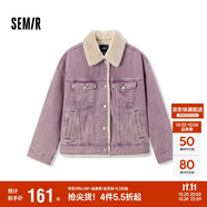 森馬（Semir）牛仔外套女拼接仿兔毛翻領(lǐng)寬松港風(fēng)冬季落肩夾棉夾克103724108001