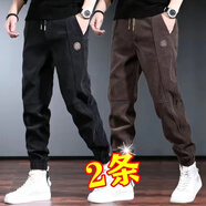 軒萊雅燈芯絨褲子男秋冬季新款美式工裝休閑褲潮流寬松大碼九分束腳褲子 黑色+咖色 2XL