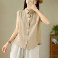 御仕達夏季新款短袖翻領(lǐng)棉麻襯衫棉麻上衣森女復古女襯衣娃娃領(lǐng)寬 優(yōu)質(zhì)卡其色 L 建議106斤到115斤