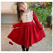 小巧狐2026冬新款女童紅色絲絨連衣裙兒童加絨款拜年服女孩公主裙子QQB 紅色 泡泡袖公主裙【加絨】 130