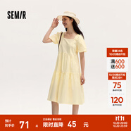 森馬連衣裙女溫柔系木耳邊方領24夏季泡泡袖娃娃裙甜美可愛 淡黃31402 L