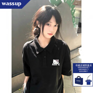 Wa&NaWASSUP學院風黑色polo衫短袖t恤女大童初中高中學生寬松半袖上衣 黑色【蠟筆小新】【今年流行_女裝_學院風_小清新_ S
