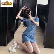 初徑牛仔連衣裙中長(zhǎng)款女2025早春季新款收腰氣質(zhì)復(fù)古炸街歐洲站襯衫裙 淺藍(lán)短款 2609款 M
