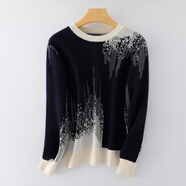 木清清時(shí)尚漸變色純棉圓領(lǐng)針織打底衫女秋冬內搭大碼寬松顯瘦毛衣女 藏藍色 S