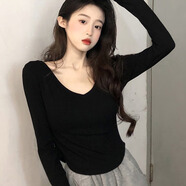 妙奕嘉長(cháng)袖t恤女士白色黑色打底衫女可外穿秋裝新款2025年上衣正肩秋衣 V領(lǐng)弧底長(cháng)袖T恤【黑色】 XL 【建議120-140斤】