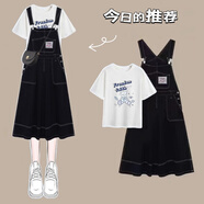梓洛蘭ZiLuolan牛仔背帶裙套裝2025秋季學(xué)生韓版寬松polo衫上衣+背帶裙 藍色小熊白T+黑色背帶裙 XL 【125-140斤】