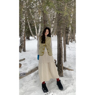Hellooo Eat杏色設計感夾棉半身裙2023秋冬日系復古松緊腰中長裙EM0698 杏色 S