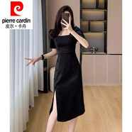 皮爾卡丹（pierre cardin）2024新款復古中國風荷葉袖年輕款改良短袖開叉旗袍粉色連衣裙低領 黑色 提花面料 M 108斤以下