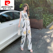 皮爾卡丹（pierre cardin）無袖V領(lǐng)雪紡連體褲白色碎花顯瘦高腰連衣闊腿背帶長(zhǎng)褲套裝女夏季 花色 L