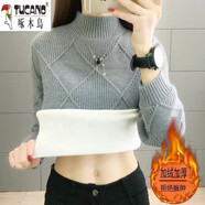 啄木鳥(niǎo)（TUCANO）羊毛衫女加絨加厚毛衣女寬松新款半高領(lǐng)羊毛針織衫保暖上衣女裝 方格 灰色【加絨加厚】 L 建議105-115斤