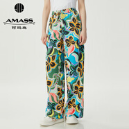 阿瑪施（AMASS）女裝新款時(shí)尚百搭松緊腰直筒休閑長褲女5100552 彩色印花 M (3碼)