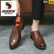 西域駱駝（VANCAMEL）男士一腳蹬休閑皮鞋秋夏英倫潮流內(nèi)增高尖頭小皮鞋商務(wù)正裝樂(lè)福鞋 W9911棕色 44
