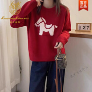 鹿王戀雪可愛(ài)提花小馬圖案羊毛絨針織衫女歐洲站冬季新款新年紅色圣誕毛衣 紅色 XL 【110-125斤】