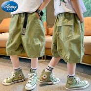 迪士尼（Disney）男童短褲2024新款男孩夏季寬松版中褲兒童韓版外穿日系休閑褲子 綠色 (寬織帶短褲) 140 碼建議身高130cm左右