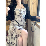 億梵莎（YIFANSHA） 碎花吊帶連衣裙2024春夏裝新款氣質(zhì)女神范開叉設(shè)計(jì)感仙女中長(zhǎng)裙 黑色開衫（單件） 均碼（可備注碼數(shù)）