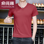 俞兆林莫代爾V領(lǐng)短袖t恤男加肥加大休閑百搭舒適打底衫中老年人老頭汗衫 短V領(lǐng)酒紅 2XL