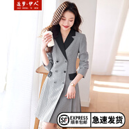 造夢伊人女神范千鳥格西裝連衣裙女春秋新品氣質(zhì)收腰百褶職業(yè)通勤高檔裙 黑白色 L
