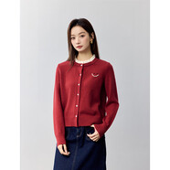 茵曼木耳領(lǐng)開(kāi)衫毛衣女休閑冬季舒適時(shí)尚百搭釘珠笑臉針織衫 酒紅色 S