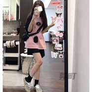A 21 FUNB初高中生女套裝夏季12-15歲女孩衣服大童女裝青少年女大童夏裝13 粉色短袖＋黑色短款 均碼 XXL【建議126-150斤】