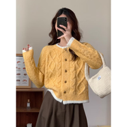 DXOT奶藍色毛茸茸麻花圓領(lǐng)毛衣外套女秋冬慵懶小個(gè)子加厚短款針織衫女 黃色 XL 建議120-140斤