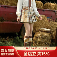 森女部落原創(chuàng)復(fù)古英倫風(fēng)學(xué)院領(lǐng)帶襯衫高腰格裙半身裙時(shí)尚套裝新款 卡其色半身裙（單件）（單件） M