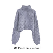 京功女生加厚毛衣高領(lǐng)套頭短款麻花女秋冬慵懶風(fēng)寬松針織外穿 灰色 L 115-125斤