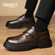 西部公羊男士休閑皮鞋正裝德比鞋男鞋秋冬加絨懶人厚底商務(wù)增高大頭鞋 深棕色單層 42