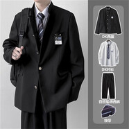 唐號墊肩西服外套男學(xué)院風(fēng)春秋季痞帥學(xué)生高級感小西裝DK制服套裝班服 XZ10黑色西服+白襯衫+西褲+勛章 M