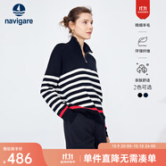 Navigare意大利小帆船女士長(zhǎng)袖針織衫秋冬款舒適半開(kāi)領(lǐng)上衣翻領(lǐng)條紋毛衣女 暗夜黑/白 S 碼
