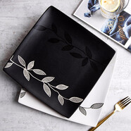 INSCRIPTION手繪日式方形陶瓷盤(pán)子餐廳家用菜盤(pán)西餐盤(pán)牛排盤(pán)早餐盤(pán)子陶瓷餐具 蓮枝黑色大盤(pán)