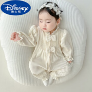 迪士尼（Disney）嬰兒連體衣春裝純棉套裝新生兒滿(mǎn)月衣服超萌女寶寶公主哈衣爬爬服 米色女孩蝴蝶結 66碼建議1-4個(gè)月 身高59-63厘米