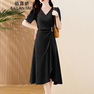 佰藍嬌法式紅色連衣裙女夏季2025新款高級感氣質(zhì)遮肚子顯瘦魚(yú)尾裙子夏天 黑色 XL （建議115-125斤）